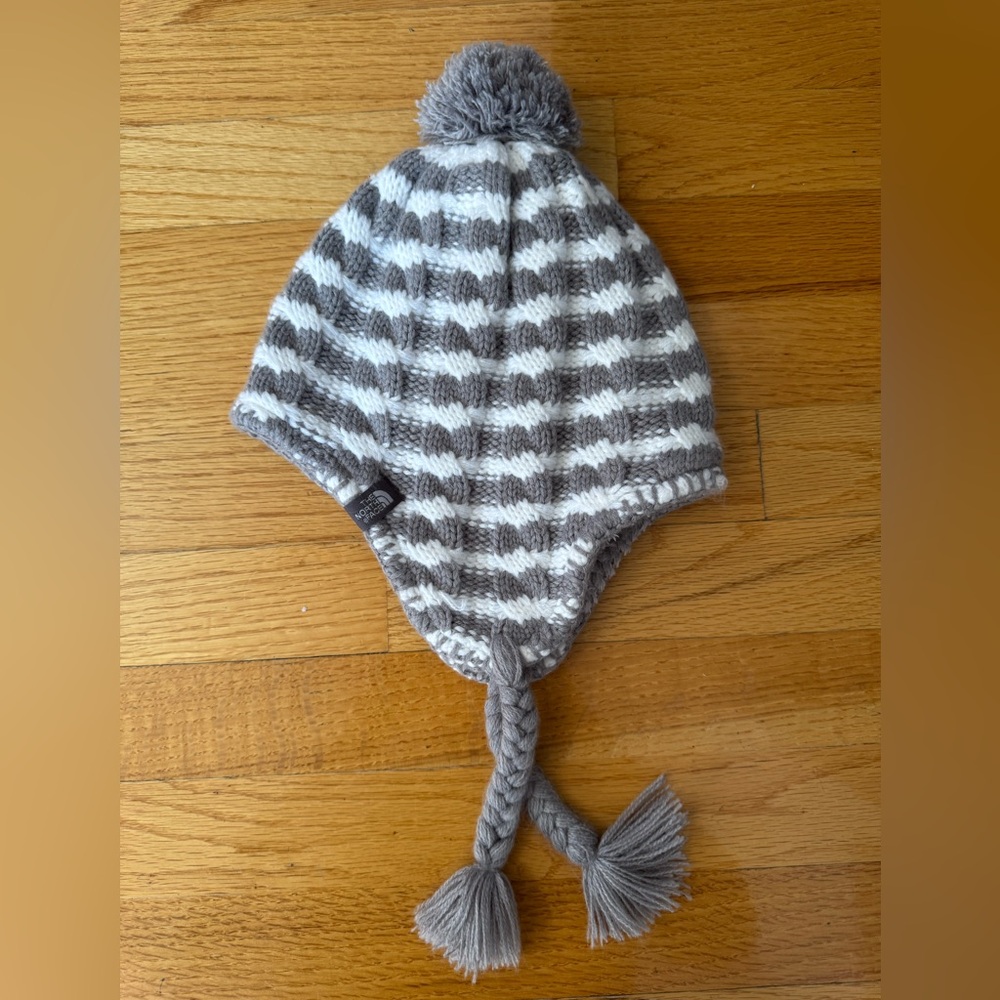 TNF The North Face gray and white stripe Beanie with braids and Pom Pom